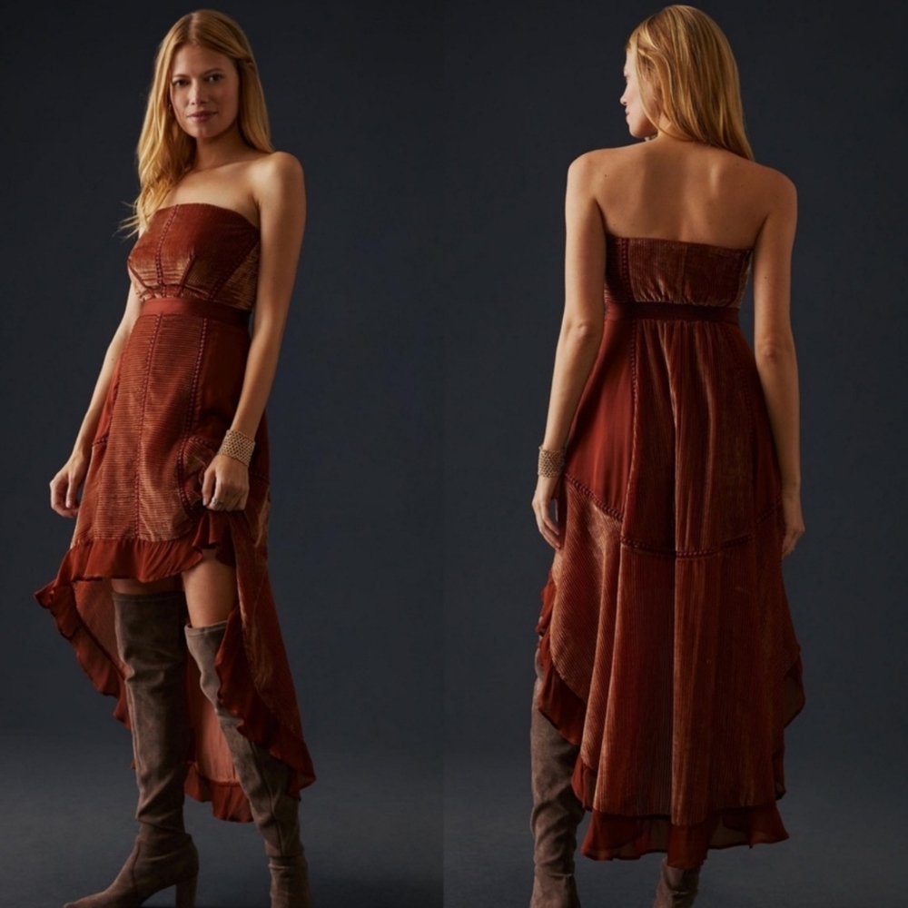 Anthropologie 2P Petite Velvet Asymmetrical Dress Hi Low Orange Copper Strapless